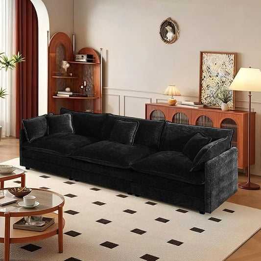 SoarFlash Chenille Sectional Sofa, Comfy Modular Loveseat Sofa, Modern 3-Seat Couch Deep Seat Sofa Set for Living Room,Black