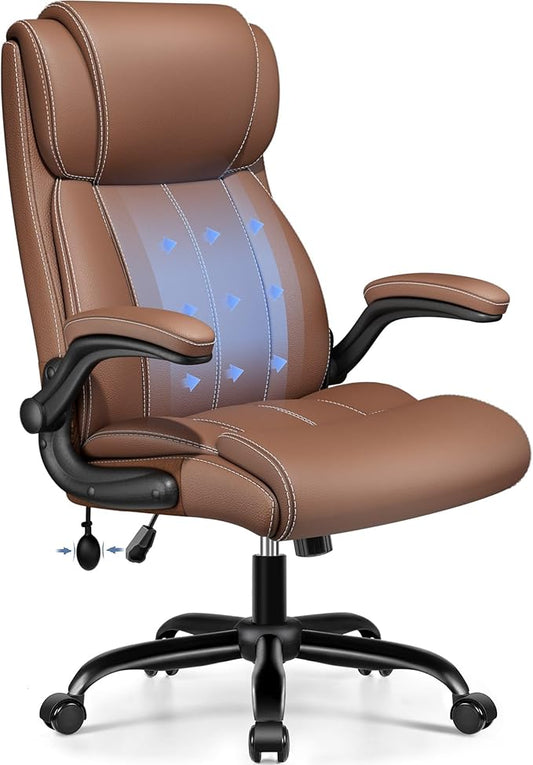 Ergonomic Office Chair - Home Desk Computer Chair, Leather High Back Executive Chairs with Adjustable Lumbar Support & Flip-up Arms, Rocking Swivel Comfy, Brown