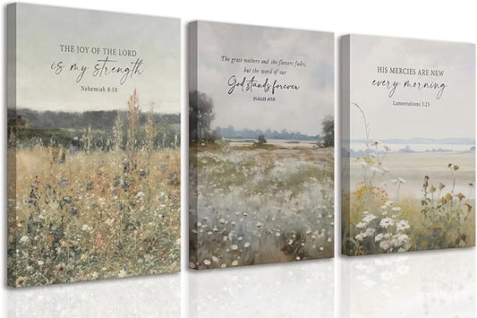 3Pcs Framed Bible Verse Wall Art Christian Floral Landscape Scripture Prints Decor Inspirational Religious Canvas Artwork Farmhouse Botanical Faith Quotes for Living Room Bedroom Church 12"x16"