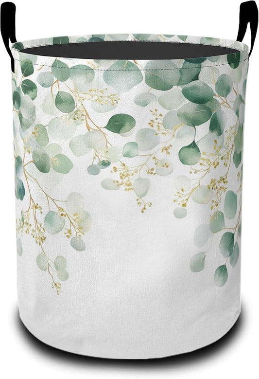 Laundry Basket,Vintage Eucalyptus Leaves Large Canvas Fabric Lightweight Storage Hamper Organizer Dirty Clothes Collapsible Waterproof for College Dorms,Bathroom