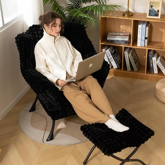 HollyHOME Lazy Chair with Foldable Ottoman, Accent Comfy Lounge Armchair and Folding Footrest Stool, Leisure Sofa Reading Chair and Footstool for Living Room, Bedroom, Dorm,Faux Fur Black