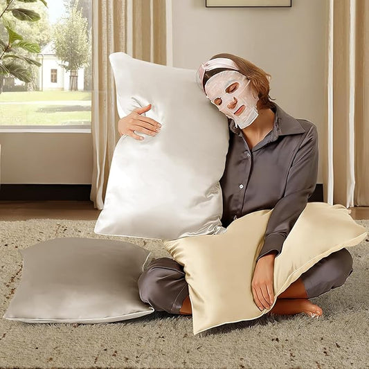 BHZ White Satin Goose Down Feather Pillows Standard Size with Pillowcase for Hair and Skin, Cooling Pillow Cases Similar to Silk Pillow Cases, Decorative for Women, Mom Men