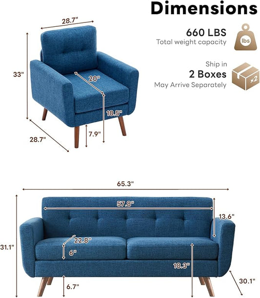 Tbfit Mid Century Modern Sofa Couch, Blue, Loveseat & Accent Chair