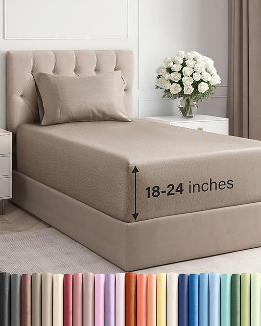 Extra Deep Pocket Twin XL Sheets - 3 Piece Breathable & Cooling Bed Sheets - Hotel Luxury Bed Sheet Set - Soft, Wrinkle Free & Comfy - Easily Fits Extra Deep Mattresses - Heathered Beige Sheets Set
