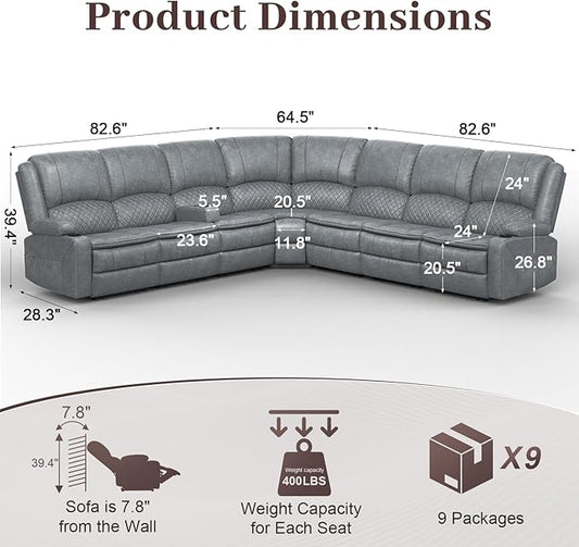 Manual Reclining Sectional Sofa Set, 7 Seats Soft Leather Recliner Corner Sectional Couch, Family-Sized L-Shaped Recliner Couch with USB Charging, Thickened Padding, Sturdy Frame, Grey