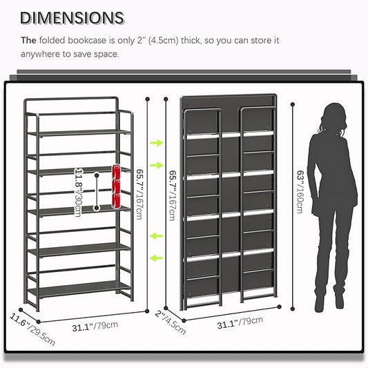 4NM No Assembly Extra Wide 5 Tiers Folding Bookshelf Storage Shelves Vintage Bookcase Standing Racks Study Organizer Home Office (All Black)