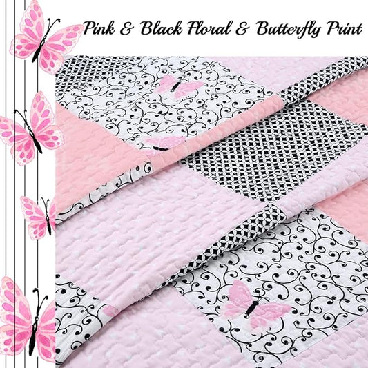 Cozy Line Home Fashions 100% Cotton Real Patchwork Floral Butterfly Shabby Chic Girly Reversible Quilt Bedding Set, Coverlet Bedspread (Black Pink, Queen - 3 Piece)