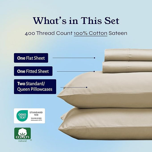 California Design Den Queen Sheet Set - Soft 400 Thread Count Sateen, Natural 100% Cotton Sheets with Deep Pockets, and Durable Bedding Set - Beige (Golden Tone)