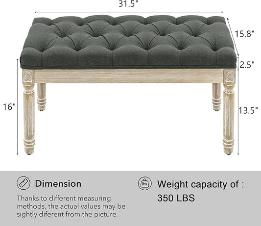 LOULENS French Vintage Entryway Bench, Linen Fabric Tufted Bench, Upholstered End of Bed Bench with Brushed Wood Legs, Dark Grey