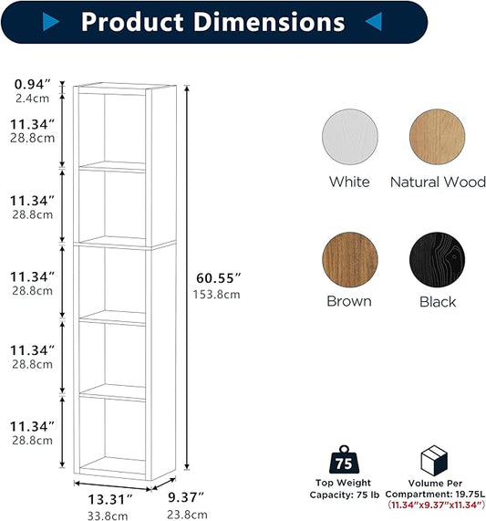 5 Cube Storage Organizer Single Row, Cube Shelf with Heavy-Duty Thick Boards, 13.31"L x 9.37"W x 60.55"H, Smooth Easy-Clean Panels, Simple Assembly, for Living Room Bedroom Office, Natural-Oak