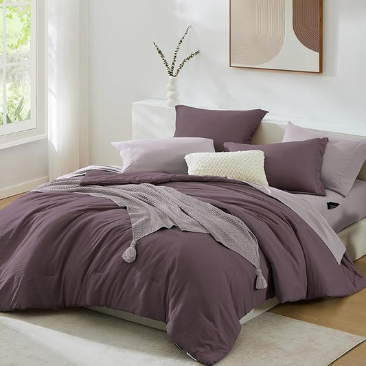 WRENSONGE Queen Comforter Set - 7 Pieces Artic Plum Soft Bed in a Bag Queen with Fitted Sheet, Flat Sheet, 2 Pillow Shams, and 2 Pillowcases- Warm Bedding Sets for All Season