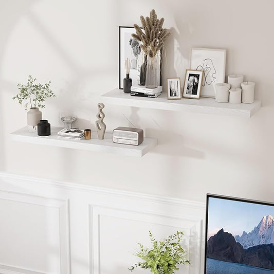Fun Memories Floating Shelves for Wall, 36 x 9.3 Large Floating Shelf Wall Mounted Set of 2, Rustic Wood Shelves for Bathroom, Kitchen, Living, Heavy-Duty Storage Deep Shelf for Books, Decor, White