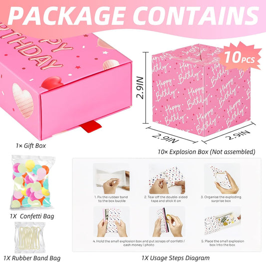 Happy Birthday Surprise Gift Box Explosion for Money - DIY Pop Out Folding Bounce Explosion Gift Box with Confetti - Birthday Money Bank - Cash Gift Idea for Women Men Kids (Pink)