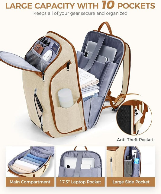 17 Inch Laptop Backpack for Men, Business Travel Anti-Theft Backpack with USB Charging Port, Water Resistant Computer Bag Carry On Flight Approved for Work College Weekender, Beige