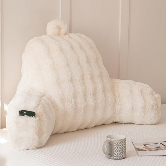 Yaoshuho Faux Fur Reading Pillow for Sitting in Bed, Large Backrest Bed Pillow with Arms, Back Support Pillow for Lounging Bedrest, Beige Dormly