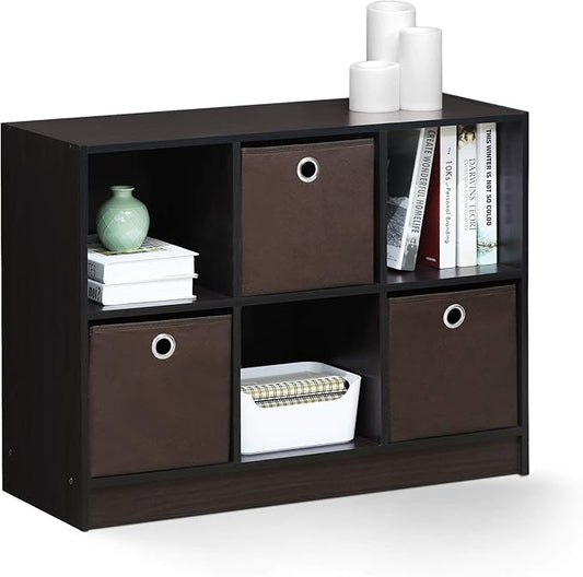 Furinno BASIC Book Shelf, 6-Cube Bookshelf, 3 x 2 Bookcase with Storage Bins, 11.9 x 31.6 x 23.6, for Living Room, Bedroom, Home Office, Dark Walnut
