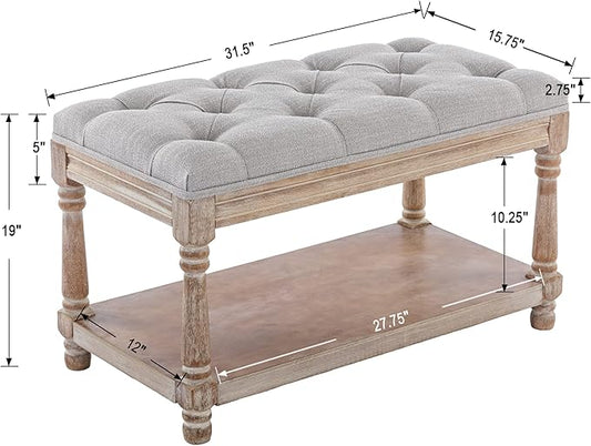 chairus Storage Bench 31.5" W Button Tufted Small Entryway Bench with Wooden Shoes Rack End of Bed Bench with Fabric Linen Upholstered Rectangular Seat for Bedroom Hallway Small Space, Grey