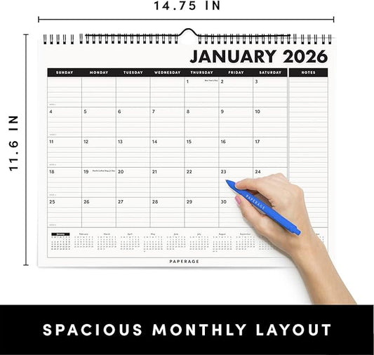 PAPERAGE 2026 Calendar, 12 Months (January 2026 - December 2026), Medium (11.5 in x 14.75 in), Minimalist Wall and Desk Calendar with Monthly Views, Yearly Plans & Notes Section – Black