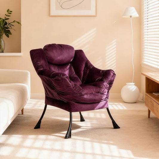 HollyHOME Lazy Chair with Armrest and Side Pocket, Comfy Accent Lounge Chair,Leisure Sofa Armchair for Living Room, Bedroom, Dorm, or Small Spaces, Oversized Reading Sofa Chair,Velvet Deep Purple
