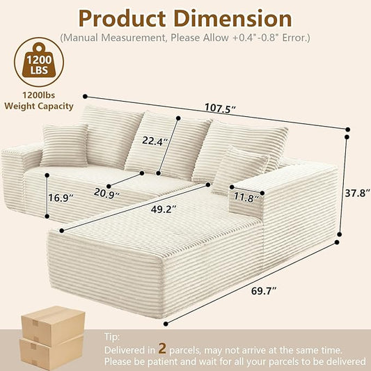 107" Cloud Sectional Couch with L-Shape Chaise, Modern Modular Comfy Sofa Chaise Longue, Upholstered Corduroy Couches Sleeper with Deep Seat for Living Room Bedroom, No Assembly Required, White