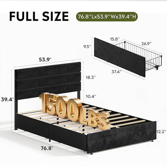 WLIVE Full Size Upholstered Bed Frame with 4 Storage Drawers and Headboard, Velvet Platform Bedframe, Sturdy Metal & Wooden Slats Support, No Box Spring Needed, Easy Assembly, Black