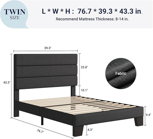 Allewie Twin Size Platform Bed Frame with Fabric Upholstered Headboard and Wooden Slats Support, Fully Upholstered Mattress Foundation/No Box Spring Needed/Easy Assembly, Dark Grey