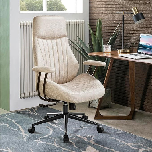 ovios Ergonomic Office Chair, High Back Faux Leather Executive Chairs with Armrests, Comfy High-Century Modern Swivel Rolling Computer Armchair (Beige, Suede Leather)