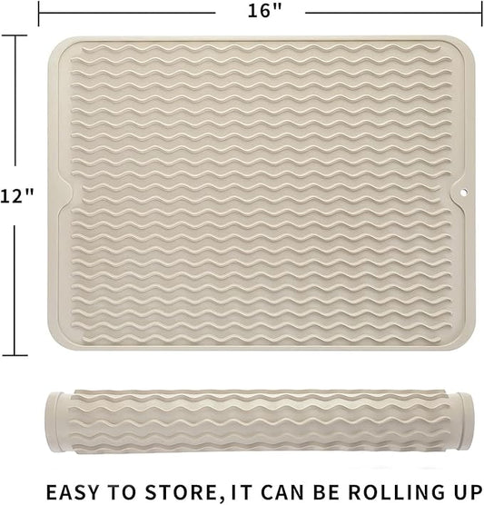 Silicone Dish Drying Mat for Multiple Usage,Easy clean,Eco-friendly,Heat-resistant Silicone Mat for Kitchen Counter or Sink,Refrigerator or drawer liner Tapioca L 16 inches x 12 inches
