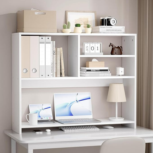 Jerry & Maggie Desktop Bookshelf Organizer, 4-Tier Desk Shelf with Hutch for Computer Desk, Wall Shelf Organizer & Room Decor Aesthetic, Dorm & Office Storage for Books, Laptop (White/38 in)