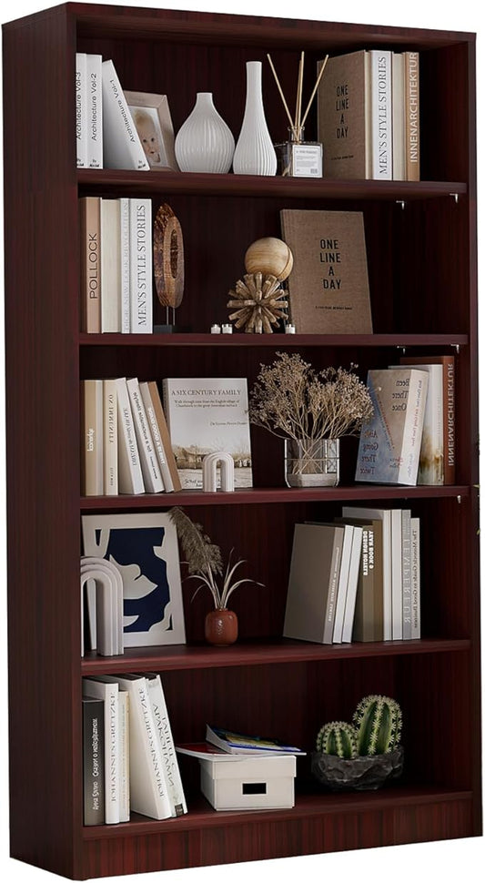 Farini 5 Shelf boockase Display Bookcase Freestanding Wooden Bookshelves for Home Office Living Room,60 Inch Height,Mahogany
