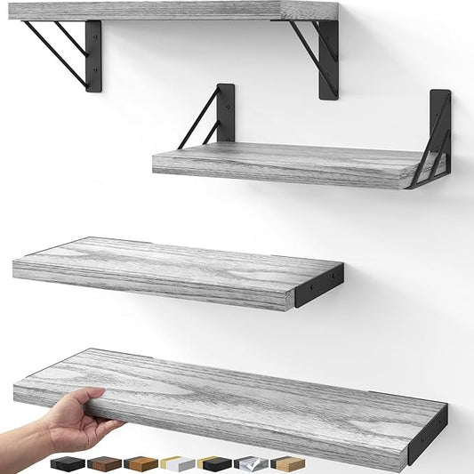 BAYKA Wall Shelves for Bedroom Decor, Floating Shelves for Living Room Kitchen Storage, Wall Mounted Rustic Wood Floating Shelves for Kids Books, Corner Shelf for Bathroom(Gray White,Set of 4)