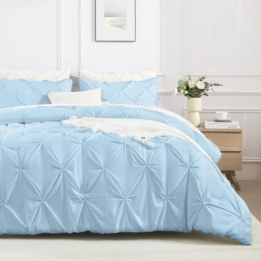 Andency California King Comforter Set Light Blue (104x96Inch), Pinch Pleat Cal King Comforter Set 3 Pieces, Oversized King Pintuck Bed Comforter, Microfiber Down Alternative Comforter Bedding Set