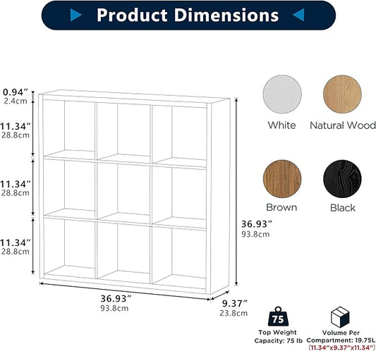 9-Cube Storage Organizer, Wooden Cube Shelf Bookcase with Reinforced Thick Shelves, Heavy-Duty 36.93" L x 9.37" W x 36.93" H, for Living Room Bedroom Home Office, Natural-Oak