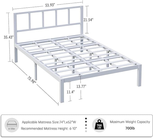 14 Inch Bamboo Bed Frame – Solid Wood Platform Bed Frame, Strong and Stable, with Non-Slip Slats for Support, No Box Spring Needed, Easy to Assemble, Noise-Free (White, Full with Headboard)