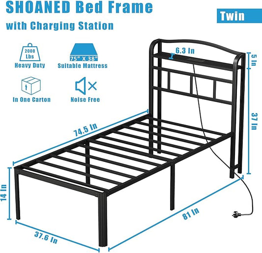 14 Inch Metal Bed Frame - Twin Size Black Heavy Duty Bedframe Platform Basic Mattress Foundation with Headboard & Charging Station No Box Spring Needed/Easy Assembly/Noise-Free