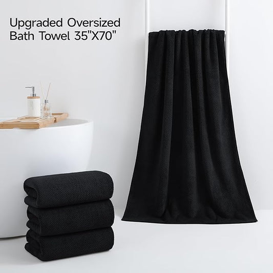 REDKISS Ultra Soft Bath Towels Set of 4-35 x 70 in Extra Large Coral Fleece Bath Towel, Highly Absorbent Plush Bathroom Towels for Adults, Quick Dry Towel Set for Spa, Gym, Travel, Black