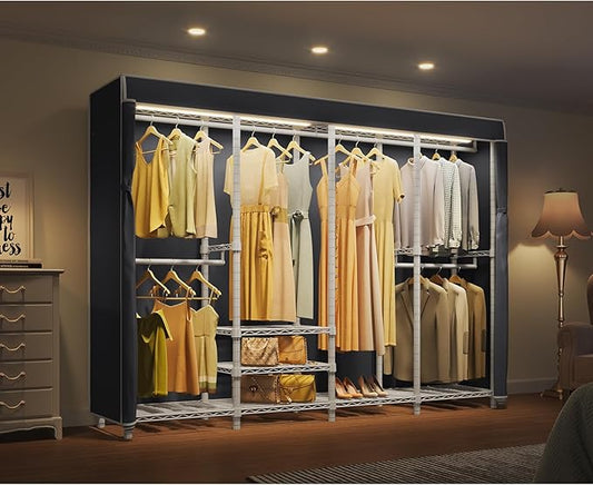 VIPEK V40LC Covered Clothes Rack with Dimmable LED Lights, Heavy Duty Garment Rack with Cover Portable Closet Wardrobe Clothing Racks for Hanging Clothes, White Closet Racks with Black Oxford Cover