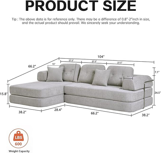 104" Oversized Convertible Sleeper Sofa Bed, Chenille L Shape Sectional Couch, Folding Sofa Bed with Fixed-Shape Frame, Modern Cloud Floor Mattress Couch, Modular Sofa for Living Room, Light Grey