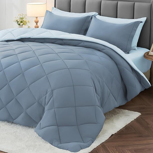 MUXHOMO 7 Pieces Full Comforter Set, Reversible Bed in a Bag Full Size, All Season Bedding Set with Comforter, Flat Sheet, Fitted Sheet, Pillowcases & Shams, Mineral Blue & Light Blue