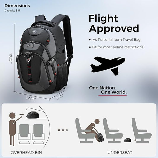 Swissdigital Design Laptop Backpack with USB Charging Port, Travel Backpack Fits 15.6 inches Computer, 31L College School Backpack for Men, Black/Grey | SD803-02