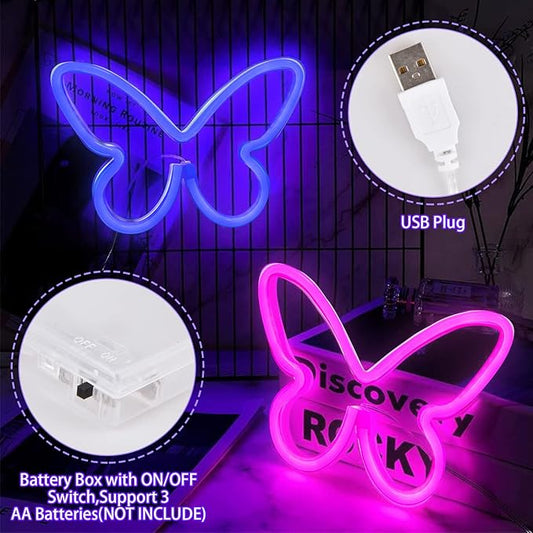 BRIGHTDECK 3 Pcs Butterfly Neon Signs, Neon Light for Bedroom, USB or 3-AA Battery Powered LED Neon Signs Wall Decor, Neon Lights for Birthday Gift, Wedding, Party, Home Decor (Pink, Blue, Colourful)