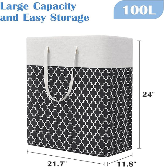 BlissTotes 3-Pack Laundry Basket, Freestanding&Waterproof Laundry Hamper, Collapsible Tall Clothes Hamper with Easy Carry Handles for Clothes, Towels in the Family and Dorm,Clover Black,100L