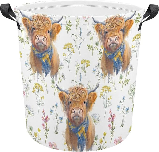 Highland Cow Laundry Basket Flower Foldable Oxford Cloth Funny Tote Bag Laundry Hamper Clothes Storage Bucket Organizer For Bathroom/Laundry Storage/Bedroom Storage Basket 17.7x13.7