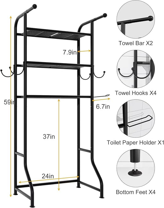 3-Tier Over The Toilet Storage Shelf,Bathroom Organizers and Storage Over Toilet,Metal Bathroom Space Saver with 2 Bars,1 Paper Holder and 4 Hooks,Black