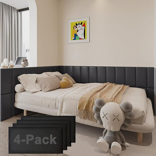3D Anti-Collision Wall Padding for Kids Self-Adhesive 4PCS Black headboard Panels for Wall Peel and Stick headboard