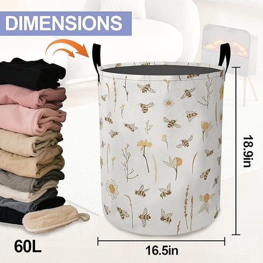 Laundry Basket-Bees Boho Florals Foldable Waterproof Oxford Cloth Funny Tote Bag Laundry Hamper Clothes Storage Bucket Organizer For Bathroom/Laundry Storage/Bedroom Storage Basket