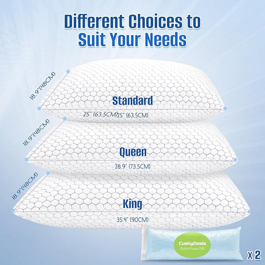 Shredded Memory Foam Pillow for Sleeping, Cooling Bed Pillows Set of 2, Adjustable Pillows for Side, Back, Stomach Sleepers with Washable Pillowcase (King Size)