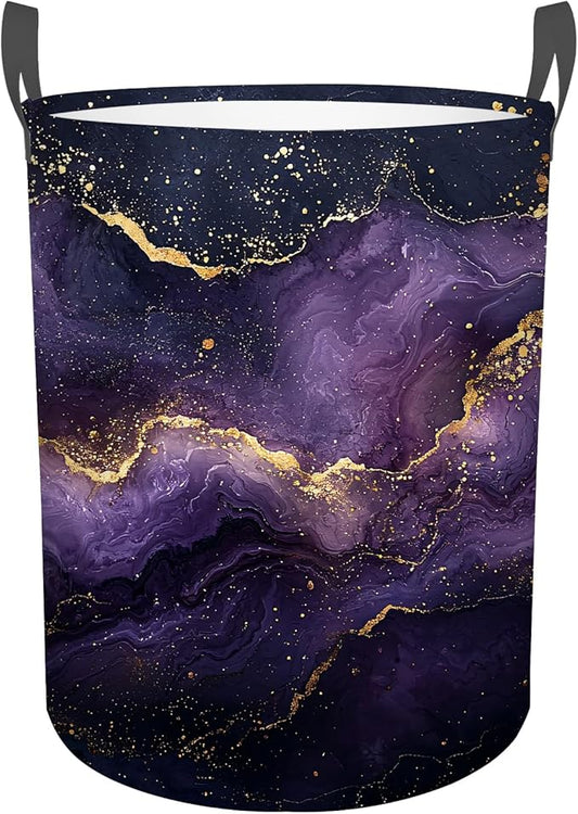 Purple Gold Marble Laundry Basket,Foldable Oxford Cloth Funny Tote Bag Laundry Hamper Clothes Storage Bucket Toy Organizer For Bathroom Laundry Storage Bedroom 18.9x16.5