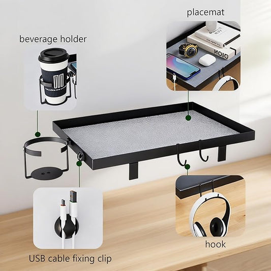 Bunk Bed Shelf Clip On Bedside Caddy Tray - Heavy Duty Metal Table with Cup Holder for College Dorm Loft Top Bunk Organizer - Space Saving Nightstand for Small Rooms