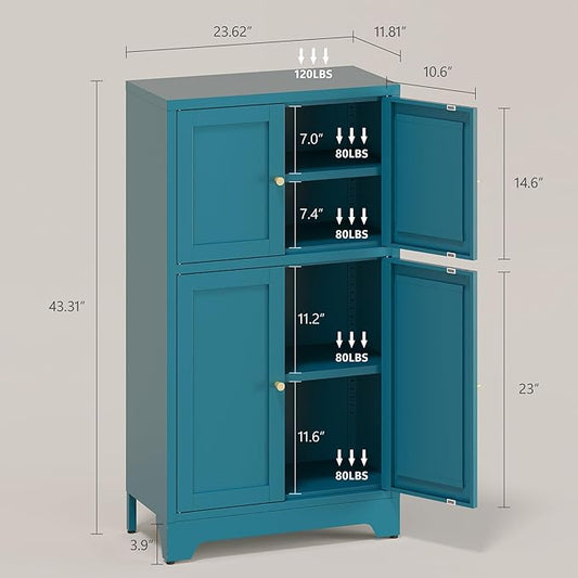 Blue Bathroom Storage Cabinet,Metal Bathroom Cabinet,Navy Blue Storage Cabinets,Bathroom Floor Cabinet with 2 Adjustable Shelves&4 Doors
